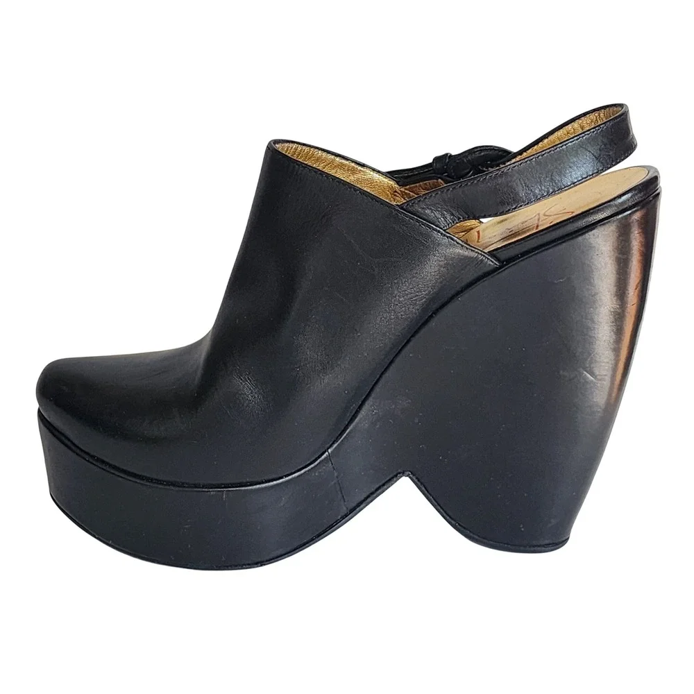 Walter Steiger Paris Black Leather Platform Wedge Slingback Heels Sandals 40